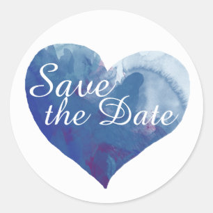 save the date on blue watercolor heart, wedding  classic round sticker