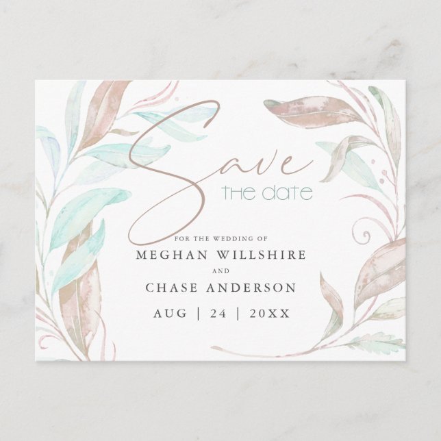 SAVE THE DATE | Pastel Coral Aqua Leaves Postcard (Front)
