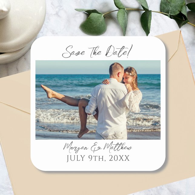 Save The Date Personalise Photo & Names Square Sticker (Creator Uploaded)