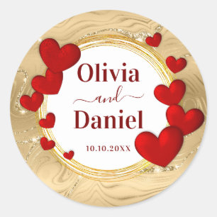 Save the Date, Personalised Wedding Red Hearts  Classic Round Sticker
