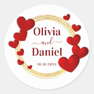 Save the Date, Personalised Wedding Red Hearts Classic Round Sticker