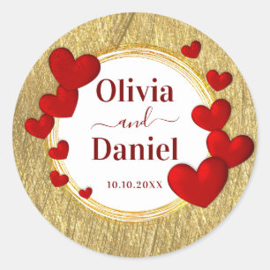 Save the Date, Personalized Wedding Red Hearts  Classic Round Sticker