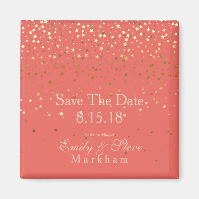 Save The Date Petite Golden Stars Magnet-Coral Magnet (Front)