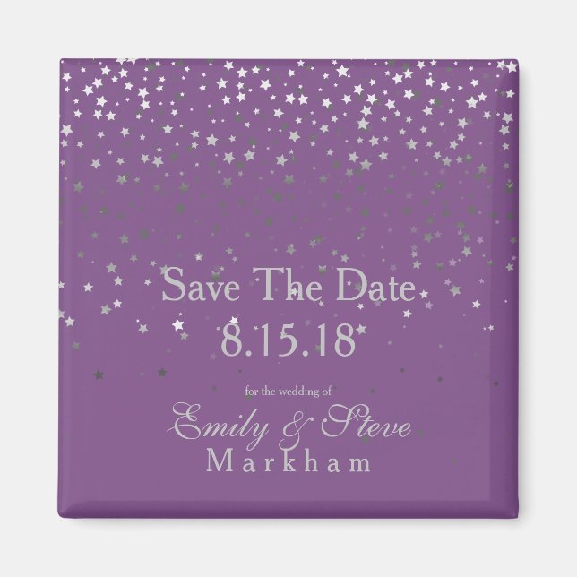 Save The Date Petite Silver Stars Magnet-Purple Magnet (Front)