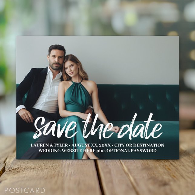 Save the Date - Photo and Modern Brushed Lettering Announcement Postcard (Custom Photo Postcard for a Save the Date Wedding Invitation)