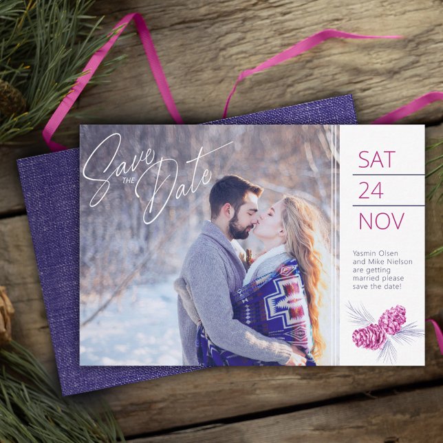 Save the date photo blue purple pine cone art (Creator Uploaded)