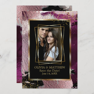 Save the Date Photo Bold Black Cassis Abstract Invitation