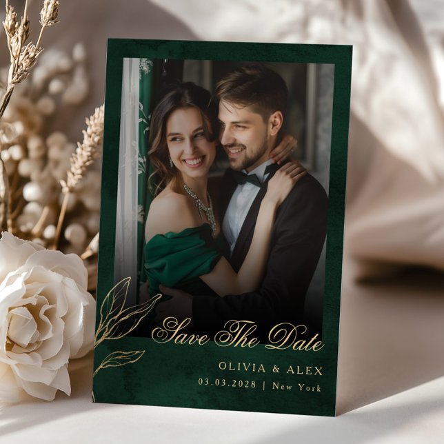 Save The Date Photo Botanical Emerald Gold Wedding Invitation (Creator Uploaded)