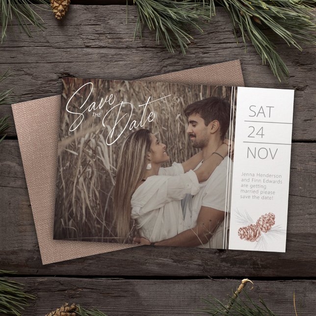 Save the date photo brown pine cone art (Creator Uploaded)
