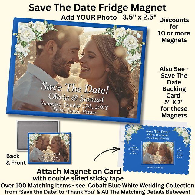 Save The Date, Photo -  Cobalt Blue & White Roses  Magnet (Creator Uploaded)