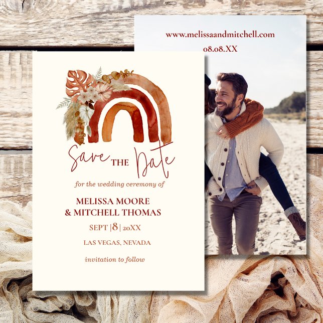 Save the date photo earth tone boho rainbow floral invitation (Creator Uploaded)