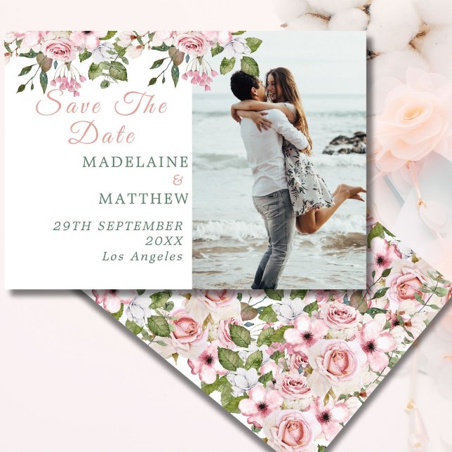 Save The Date Photo Floral Roses Elegant Wedding (Creator Uploaded)