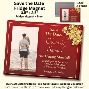 Save The Date Photo, Gold Flowers on Maroon Fridge Magnet