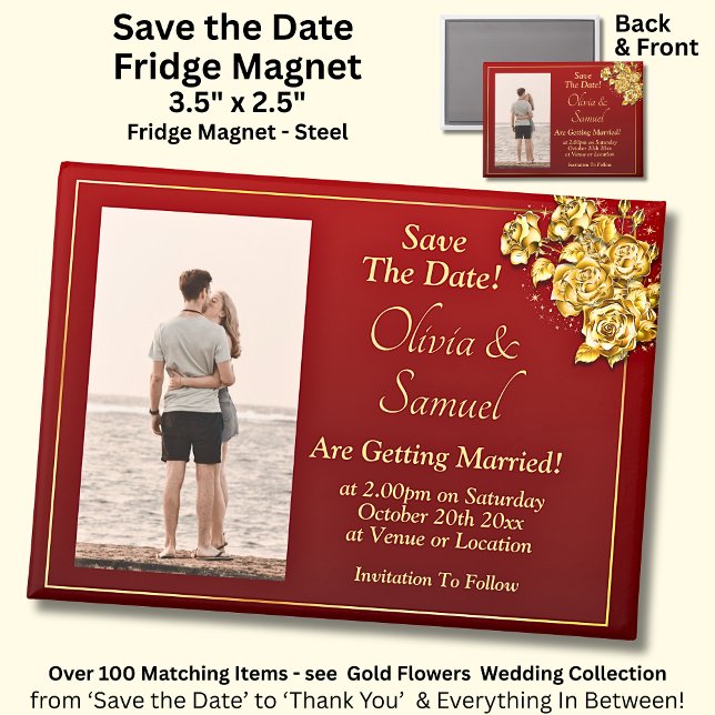 Save The Date Photo, Gold Flowers on Maroon Fridge Magnet (Creator Uploaded)