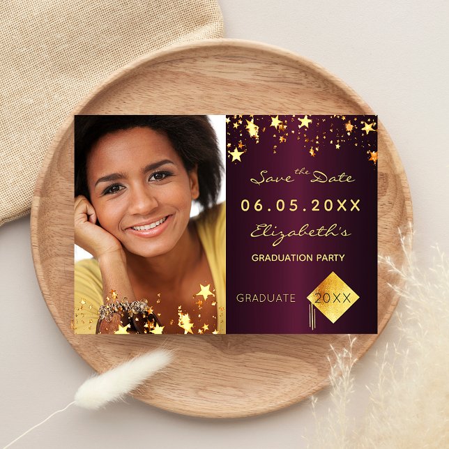 Save the Date photo graduation party burgundy Postcard (Creator Uploaded)