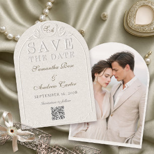 Save the Date Photo Ivory Embossed Arch Monogram I Invitation