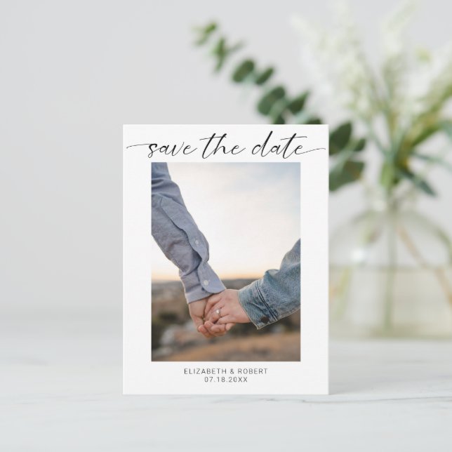 Save the Date Photo Minimalist Modern Script  Announcement Postcard (Standing Front)
