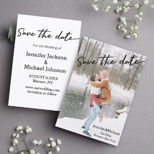 save the date,photo of couple kiss in snow invitation