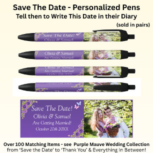 Save The Date - Photo + Purple Mauve Flowers Black Ink Pen