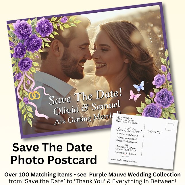 Save The Date, Photo -Purple Mauve Flowers & White Announcement Postcard (Creator Uploaded)