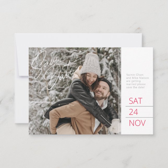 Save the date photo red grey white pine cone art (Front)