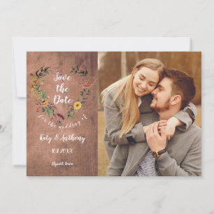 Save the Date Photo Rustic Wood Floral Heart Invitation