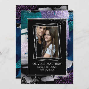 Save the Date Photo Silver Teal Lilac Abstract Invitation