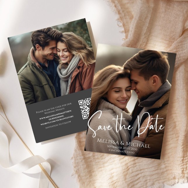 Save the Date Photo Simple Calligraphy Script  (Wedding save the date photo card with QR code and a two photo template. )