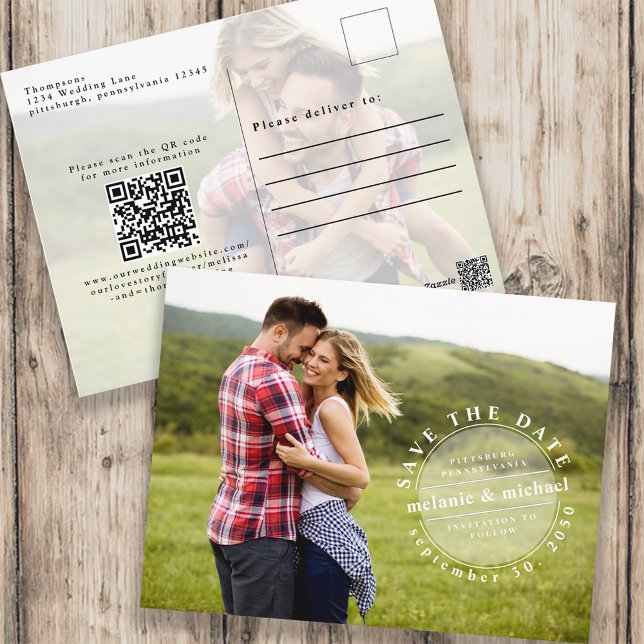 Save the Date Photo Unique Typography QR Code Postcard (Creator Uploaded)