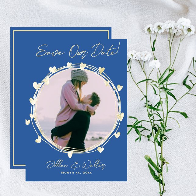Save The Date Photo Wedding Blue Gold Hearts (Photo Save The Date Wedding Blue Gold Hearts)