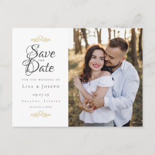 Save the Date Photo Wedding Gold Hearts Script Announcement Postcard