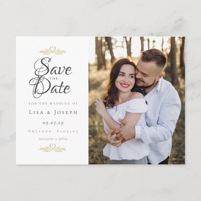 Save the Date Photo Wedding Gold Hearts Script  Announcement Postcard (Front)