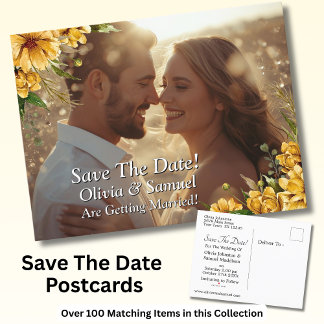 Save The Date - Photo with Golden Yellow Flowers Announcement Postcard