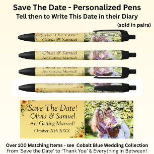 Save The Date - Photo with Golden Yellow Flowers Black Ink Pen