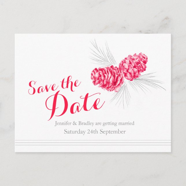 Save the date pine cones red wedding card (Front)