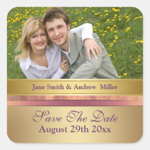 Save the date pink and gold photo stickers