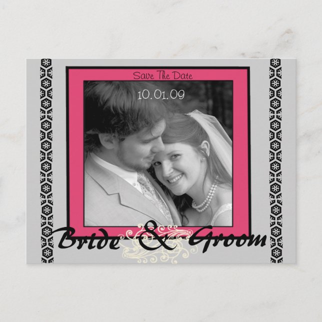 Save The Date Pink and Grey with Your Photo Announcement Postcard (Front)
