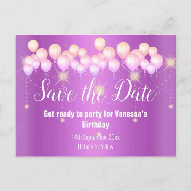 Save the Date Pink Balloons Sparkle All Occassion Announcement Postcard (Front)