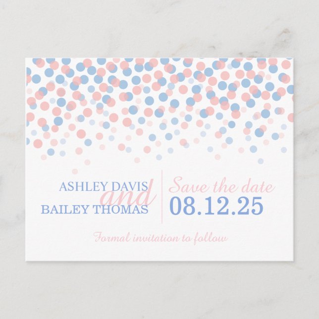 Save the date pink blue confetti dots wedding card (Front)