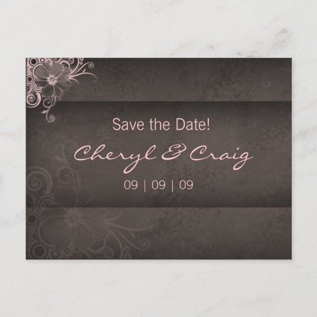 Save the Date Pink Brown Floral Postcard (Front)