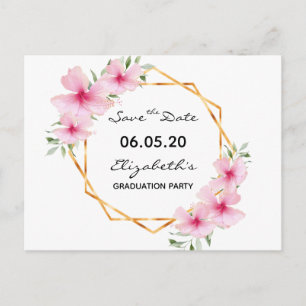 Save the Date pink florals graduation party white Postcard