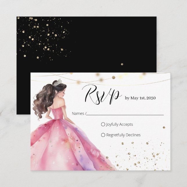 Save the Date Pink Gold Princess Quinceañera RSVP Card (Front/Back)