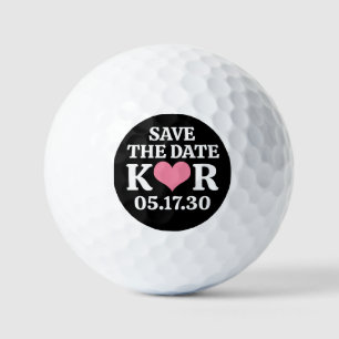 SAVE THE DATE Pink Heart MONOGRAM Black Background Golf Balls