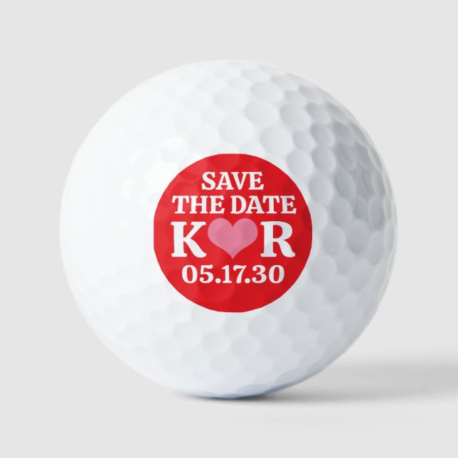 SAVE THE DATE Pink Heart MONOGRAM Red Background Golf Balls (Front)