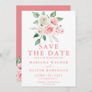 Save the Date Pink Peach White Watercolor Floral Invitation