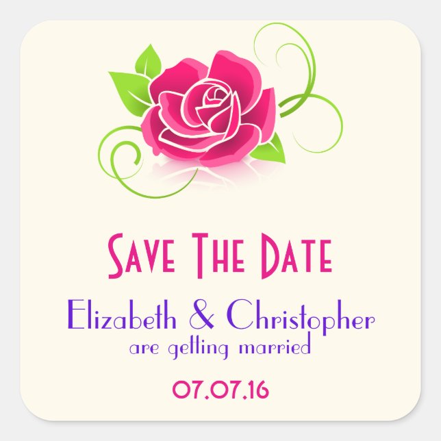 Save The Date Pink Rose Illustration Square Sticker (Front)