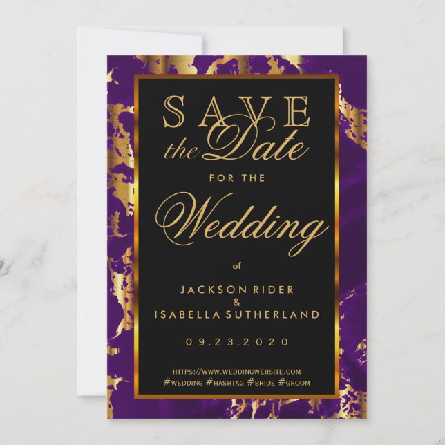 Save the Date Plum Purple and Gold Marble 2 (Front)