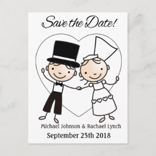 Save the Date Postcard Cute Cartoon Couple & Heart