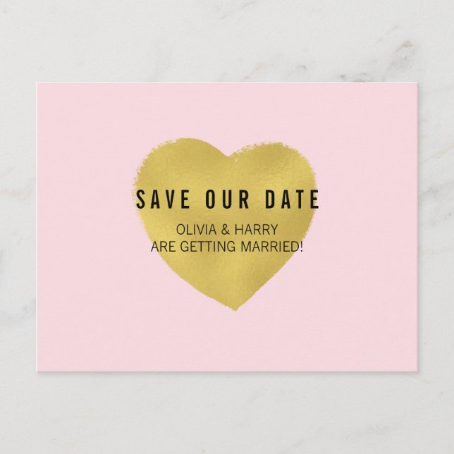 Save The Date Postcard | Faux Foil Gold Heart (Front)