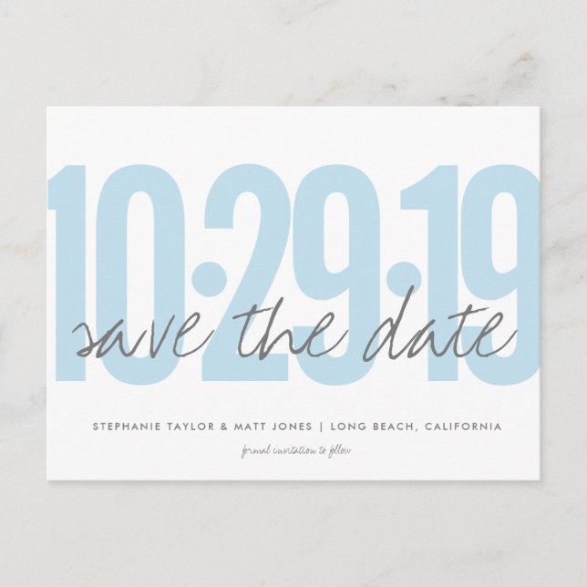 Save The Date Postcard, Large Date, powder blue Announcement Postcard (Front)
